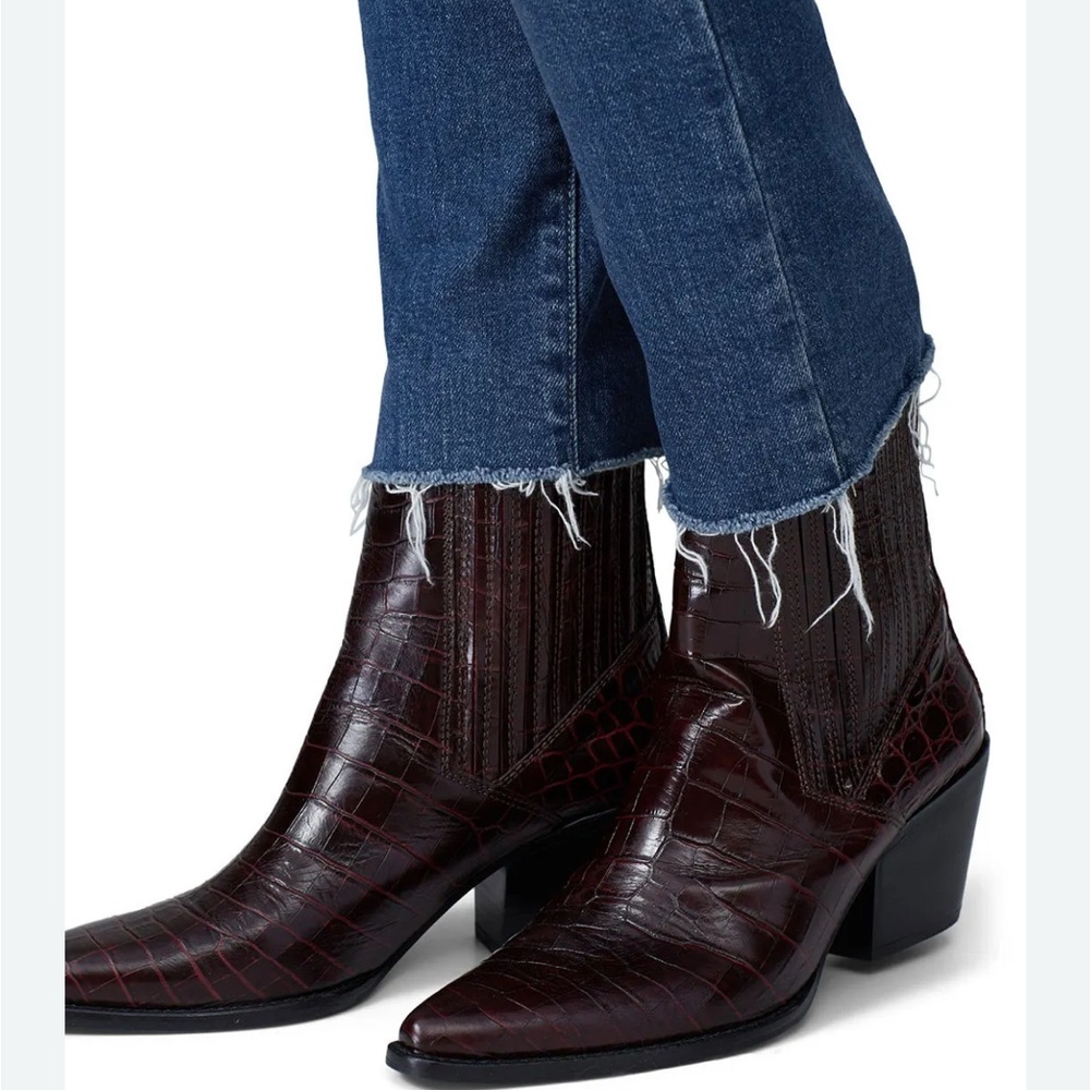 Zara Burgundy Croc-Embossed Leather Ankle Boots - Picture 3 of 10